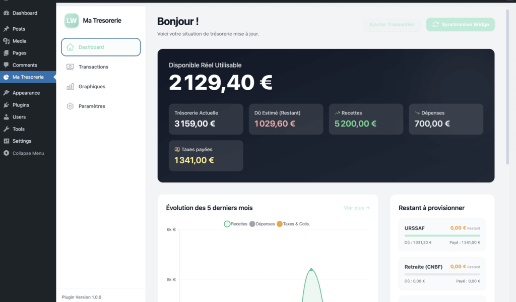 Tableau de bord du plugin WordPress Lotterwise Ma Trésorerie